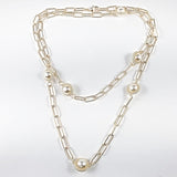 Beautiful Long Link Chain With Pearl Gold Tone Brass Necklace