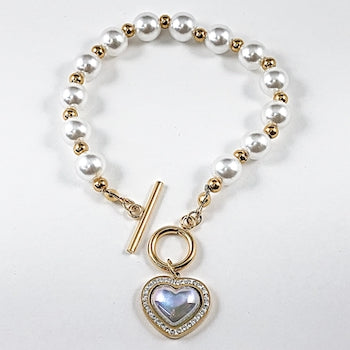 Beautiful Pearl Dangle Moon Stone Heart Charm Gold Tone Steel Bracelet