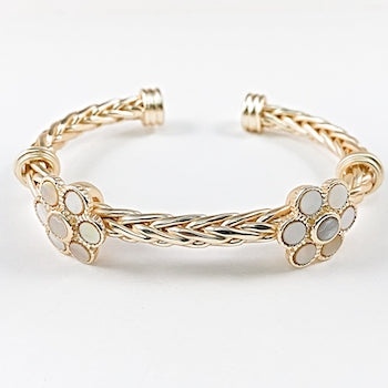 Beautiful Mother Of Pearl Floral Charms Gold Tone Wire Brass Bangle