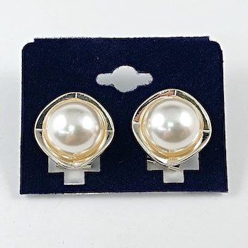 Elegant Irregular Gold Tone Pearl Omega Post Brass Earrings