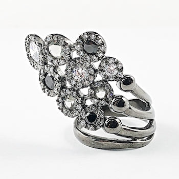 Unique Large Dark Floral Design Shape Silver Ring