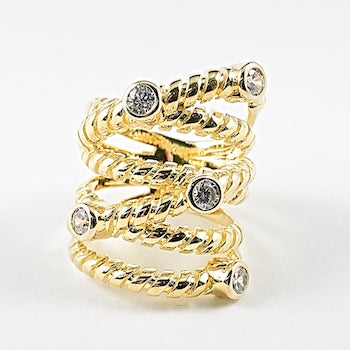 Unique Wire Textured Layered Crossover Gold Tone Silver Ring