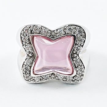 Unique Transparent Pink Center CZ Square Diamond Shape Silver Ring