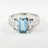 Elegant Rectangle Baguette Cut CZ Center Aquamarine Silver Ring