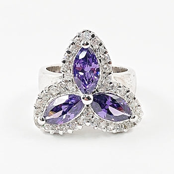 Beautiful Triangle Shape Purple CZ Design Silver Ring