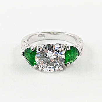 Petite Three Stone Setting Clear & Emerald CZ Silver Ring