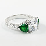 Petite Three Stone Setting Clear & Emerald CZ Silver Ring