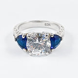 Petite Three Stone Setting Clear & Sapphire CZ Silver Ring