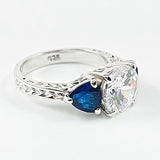 Petite Three Stone Setting Clear & Sapphire CZ Silver Ring