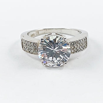 Elegant Solitaire Style Center CZ Micro Pave Silver Ring