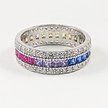 Elegant Multi Color CZ Eternity Band Multi Row Silver Ring