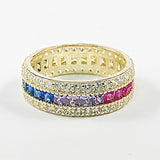 Elegant Multi Color CZ Eternity Band Multi Row Gold Tone Silver Ring