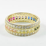 Elegant Multi Color CZ Eternity Band Multi Row Gold Tone Silver Ring