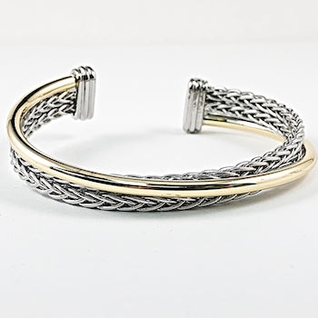 Elegant Double Wire Two Tone Crossover Cuff Brass Bangle