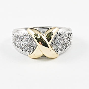 Elegant Beautiful Gold Tone Center X Mark Pave Brass Ring