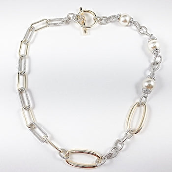 Beautiful Multi Link Design Pearl Two Tone Brass Necklace