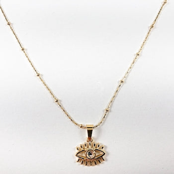 Beautiful Eye Design Beaded Chain Gold Tone Steel Necklace