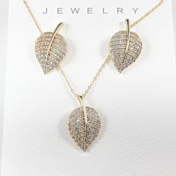 Elegant Leaf Floral Micro CZ Gold Tone Earring Necklace Brass Set