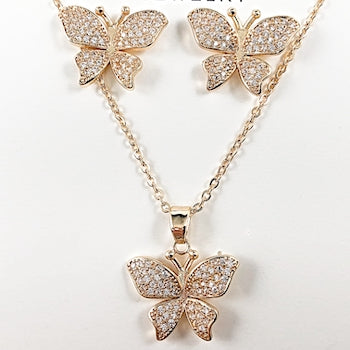 Elegant Pave CZ Butterfly Gold Tone Earring Necklace Brass Set