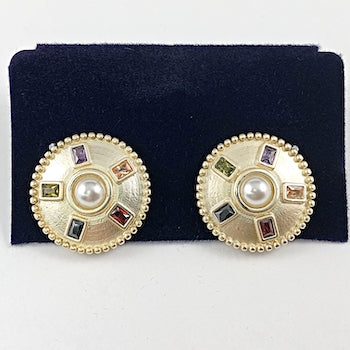 Uniqe Round Disc With Multi Color CZ & Center Pearl Gold Tone Brass Earrings