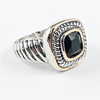 Beautiful Square Shape Center Black Onyx Cable Textured Brass Ring