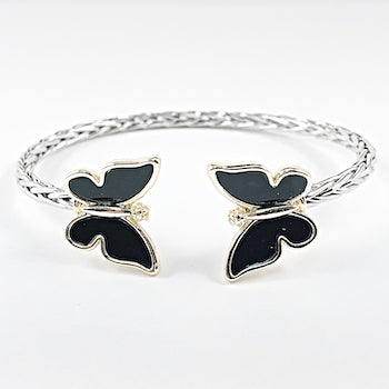 Nice Cable Wire Duo Butterfly Black Stone Ends Brass Bangle