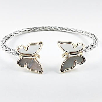 Nice Cable Wire Duo Butterfly Mother Of Pearl Ends Brass Bangle