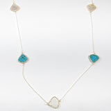 Beautiful Long Turquoise & Mother Of Pearl Gold Tone Brass Necklace