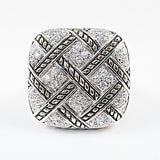 Beautiful Large Square Textured CZ Wire Pattern Silver Ring