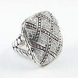 Beautiful Large Square Textured CZ Wire Pattern Silver Ring