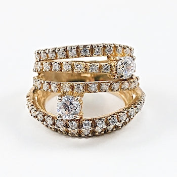 Unique Multi Row Irregular Style Open CZ Gold Tone Silver Ring