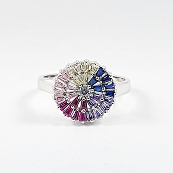 Elegant Round Disc Multi Color Baguette CZ Silver Ring