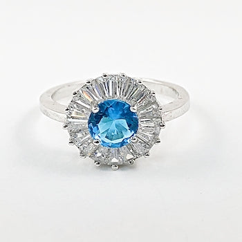 Elegant Round Disc Baguette CZ Frame Center Aquamarine Silver Ring