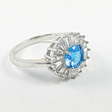 Elegant Round Disc Baguette CZ Frame Center Aquamarine Silver Ring