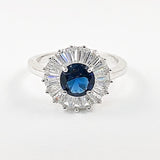 Elegant Round Disc Baguette CZ Frame Center Sapphire Silver Ring