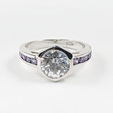 Elegant Solitaire Center Bezel CZ Purple Band CZ Silver Ring