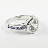 Elegant Solitaire Center Bezel CZ Purple Band CZ Silver Ring