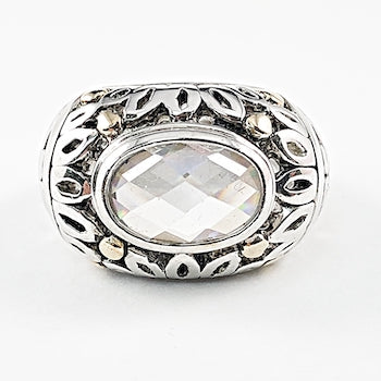 Unique Filigree Textured Center Oval CZ Silver Ring