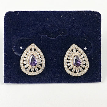 Elegant Violet Purple CZ Pear Drop Stud Brass Earrings