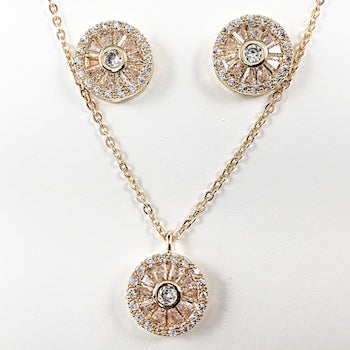 Elegant Round Baguette CZ Gold Tone Brass Earring Necklace Set