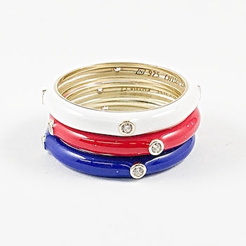 Unique red white and blue set of 3 gold tone enamel silver rings