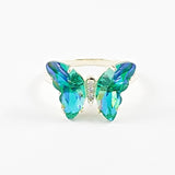 Elegant green color cz butterfly gold tone silver ring