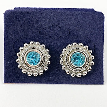 Beautiful round textured aquamarine color brass earrings