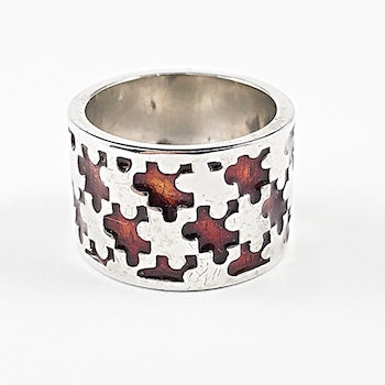 Beautiful Red Enamel Pattern Eternity Band Silver Ring