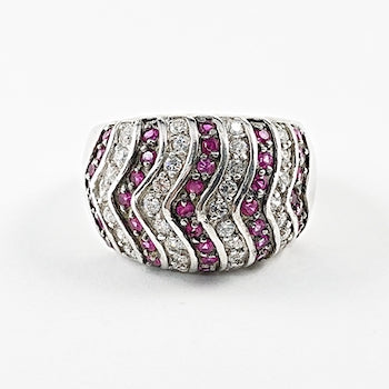 Elegant Multi Vertical Row Wavy Magenta & Clear CZ Silver Ring