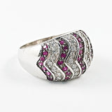 Elegant Multi Vertical Row Wavy Magenta & Clear CZ Silver Ring