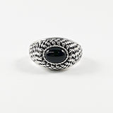 Cute Center Oval Black Bead With Beaded Textured Band Silver Ring