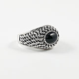 Cute Center Oval Black Bead With Beaded Textured Band Silver Ring