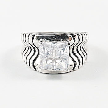 Elegant Center Square Cut Layered Band Silver Ring