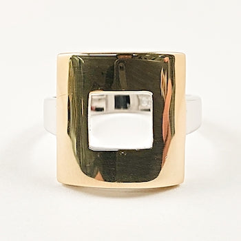 Beautiful Shiny Metallic Rectangle Layered Center Two Tone Silver Ring